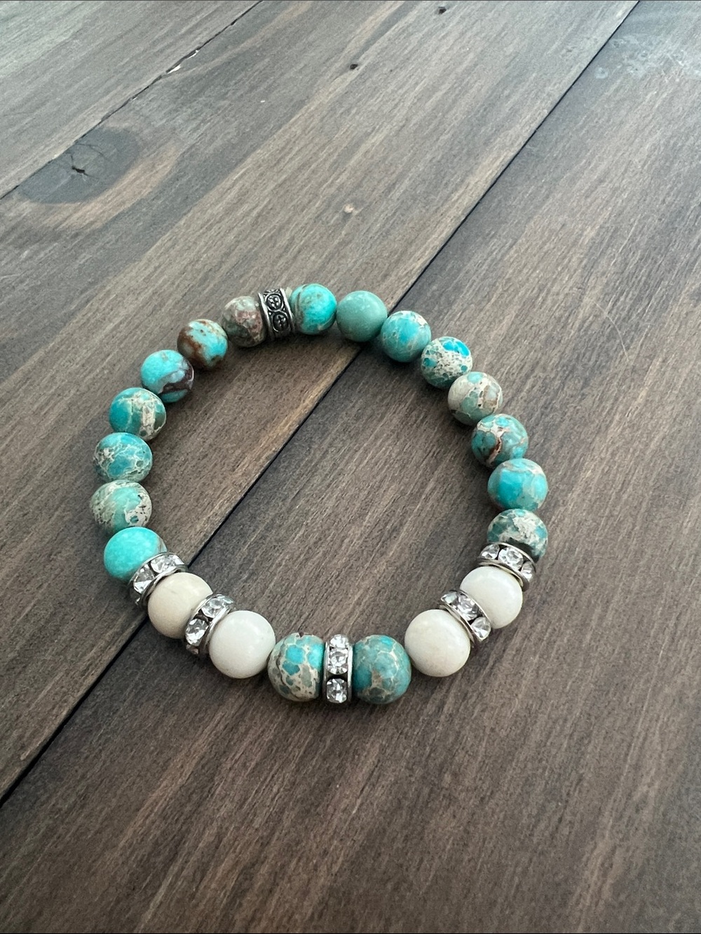 Turquoise and Cream Beaded Stretch Bracelet - Women Jewelry